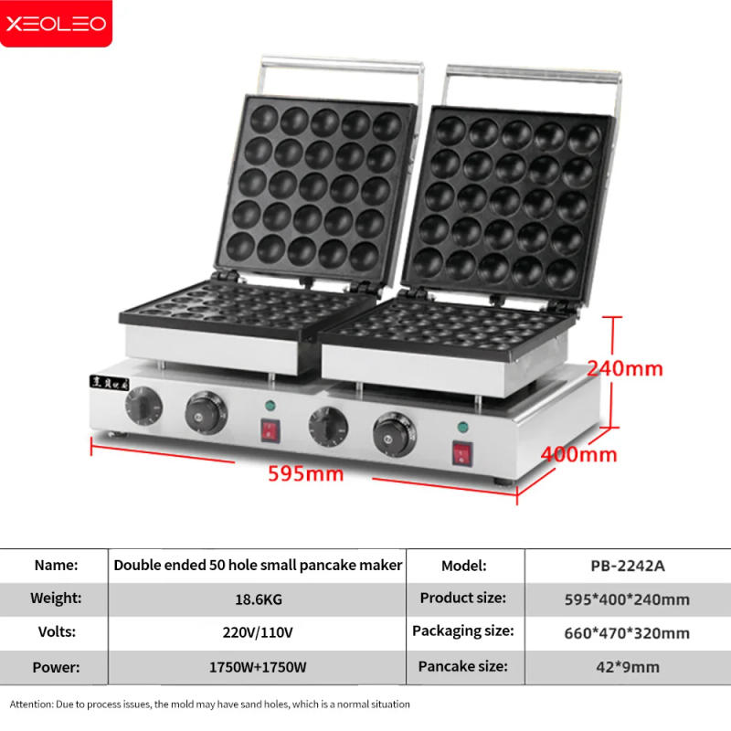 Description Picture 3 of itemXEOLEO Electric Double-Headed Mini Pancake Maker  50 Holes Mini Dorayaki Maker 1750+1750W Hotcakes Machine Poffertjes Grill