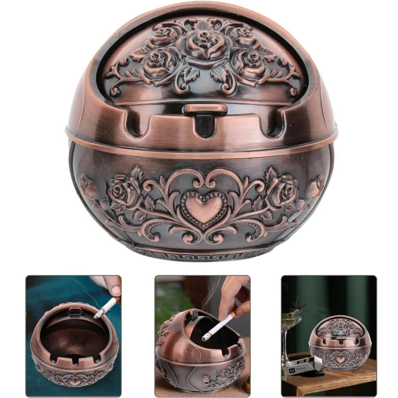 Description Picture 3 of itemNew Retro Ashtray with Lid Household Cigarette Smoking Holder Home Decor Zinc Alloy Large Ash Holder Home Friend Birthday Gift