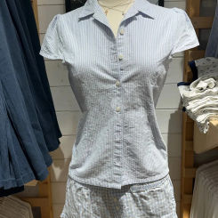 Sweet Blue Striped Button Blouse Women Summer Streetwear Casual Lapel Short Sleeve Tees Cute Preppy Style T-shirts Y2K Tops New