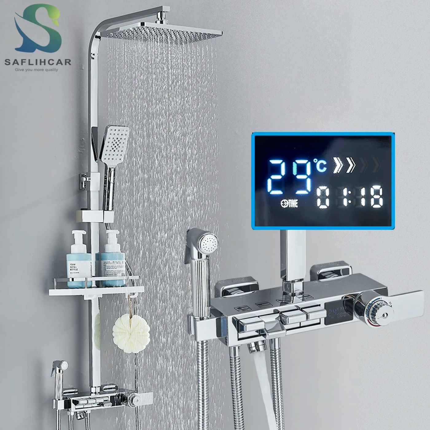 Description Picture 3 of itemChrome Brass Thermostatic Digital Display Shower Faucet Set  Rainfall Shower Column Thermostatic Crane Wall Mount for Bathroom