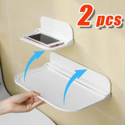 2pcs Folding Wall Mounted Shelf Foldable Storage Rack Punch-Free Phone Holder Wifi Router Storage Tray Bathroom Organizer Rack