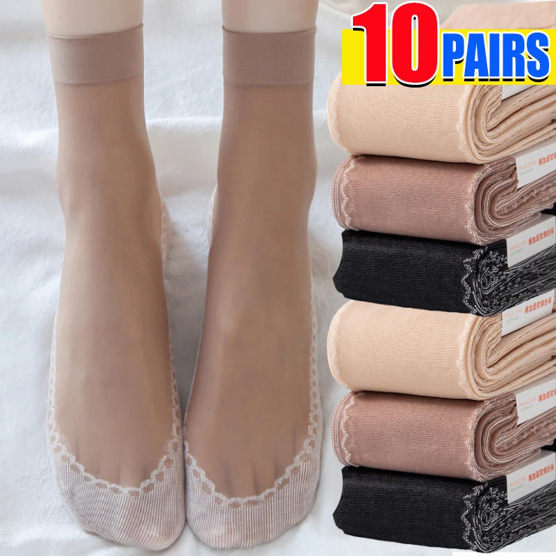 Description Picture 3 of item1/10pairs Silk Velvet Ankle Short Sox Elastic Lace Socks Women Transparent Ultrathin Female Mesh Non-Slip Bottom Splice Sock