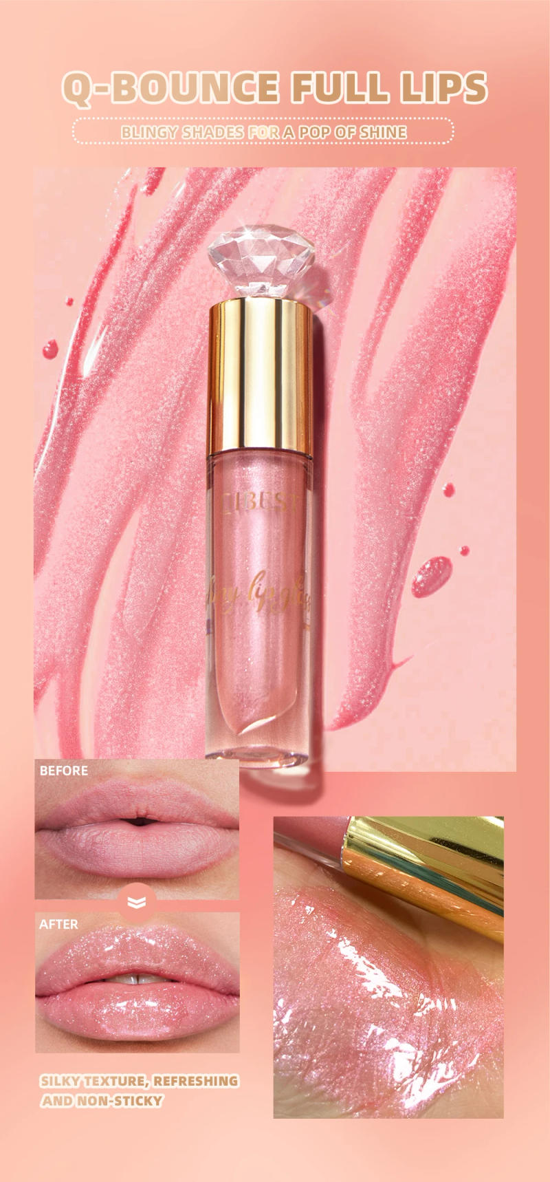 Description Picture 6 of itemQIBEST 5 Colors Glitter Lip Glaze Long Lasting Lip Gloss Moisturizing Diamond Liquid Lipstick Makeup Shimmer Lipgloss Lip Tint