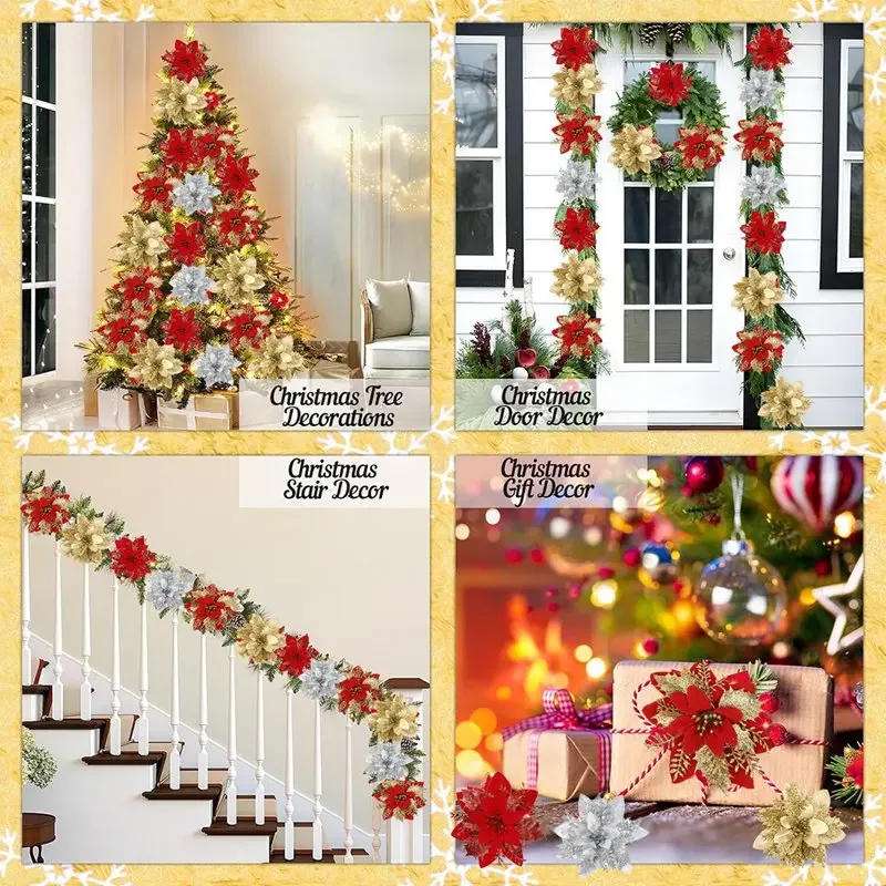 Description Picture 5 of itemChristmas Glitter Artificial Flowers Christmas Tree Hanging Ornaments Fake Flower for Home 2024 Xmas New Year 2025 Navidad Gift