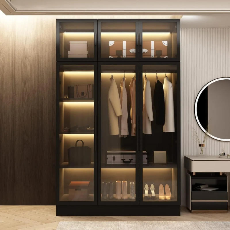Description Picture 2 of itemWardrobe Cabinet with LED Light Strips Armoire Closet with Glass Doors, Wooden Large Wardrobe with 5 Tiers Shelf & Hanging