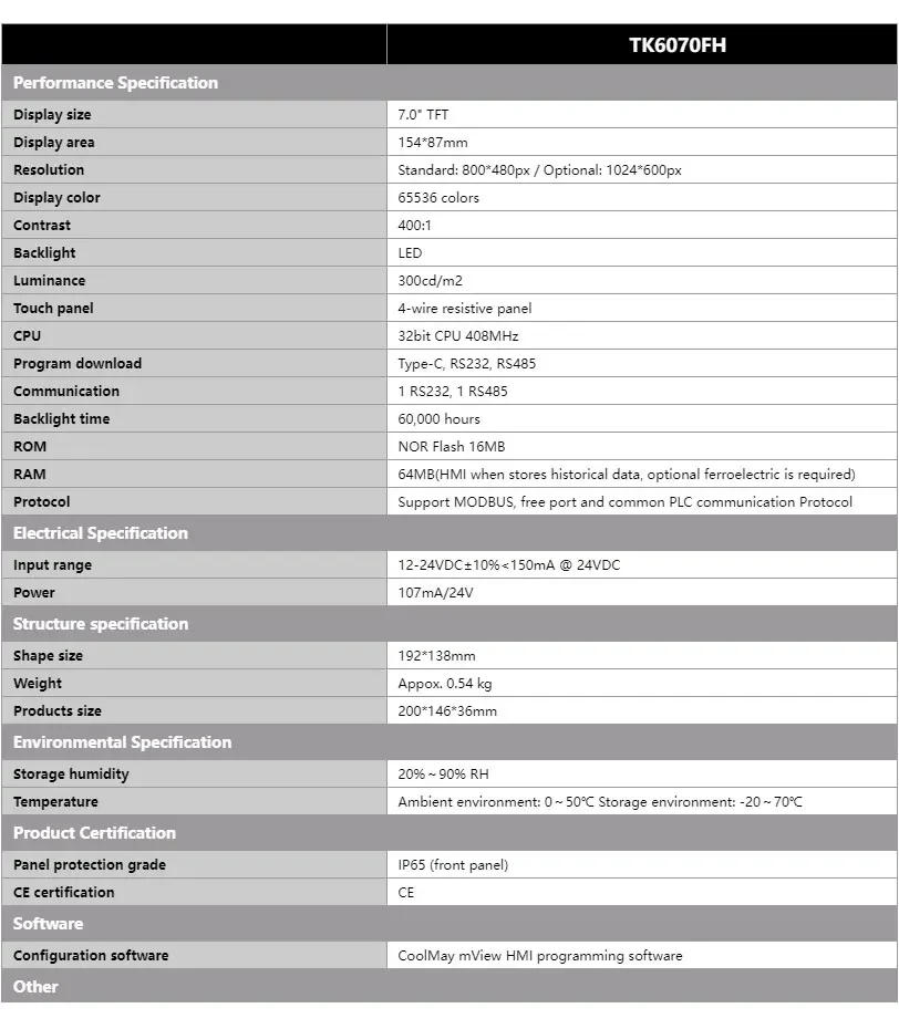 Description Picture 4 of itemCoolmay Hmi Display Screen Panel 7 Inch TK6070FH 1024*600px Human Machine Interface Display Calendar Support Sealed in Box