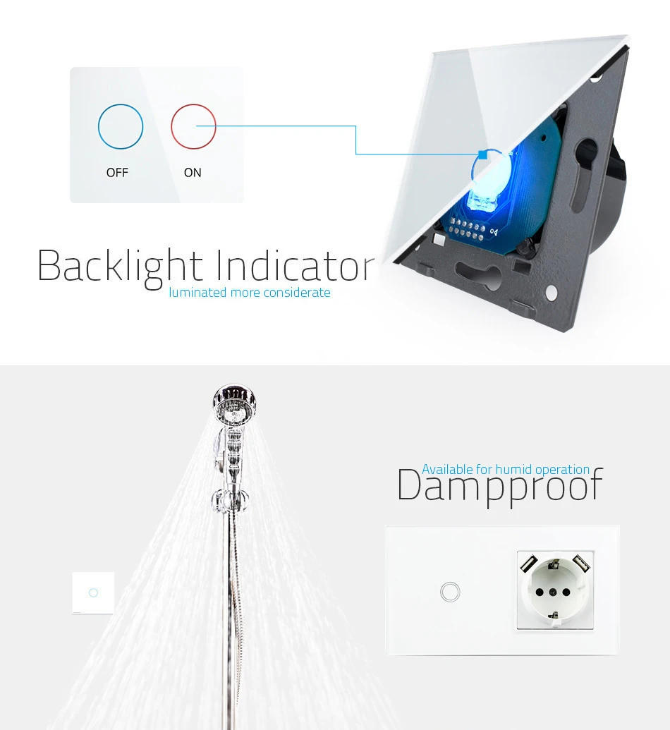 Description Picture 6 of itemTouch Light Switch With EU Wall Socket Black 1 Gang 1 Way Led Interruptor Crystal Dark Blue Backlight Wallpad Home Improvemet