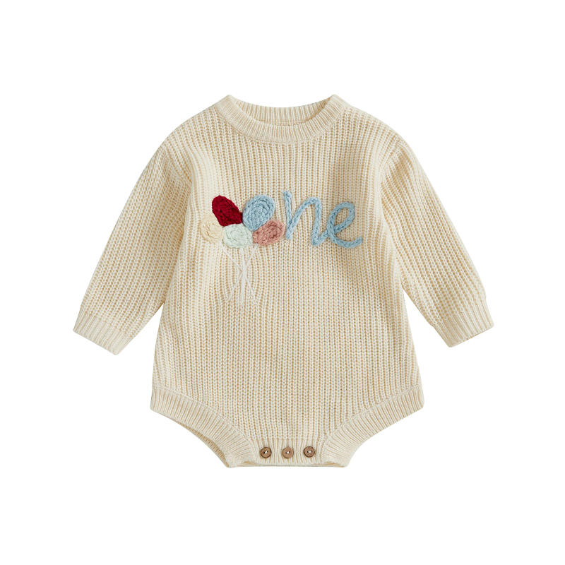 Description Picture 2 of itemBaby Sweater Romper Long Sleeve Round Neck Embroidery Knit Bodysuit Birthday Outfit