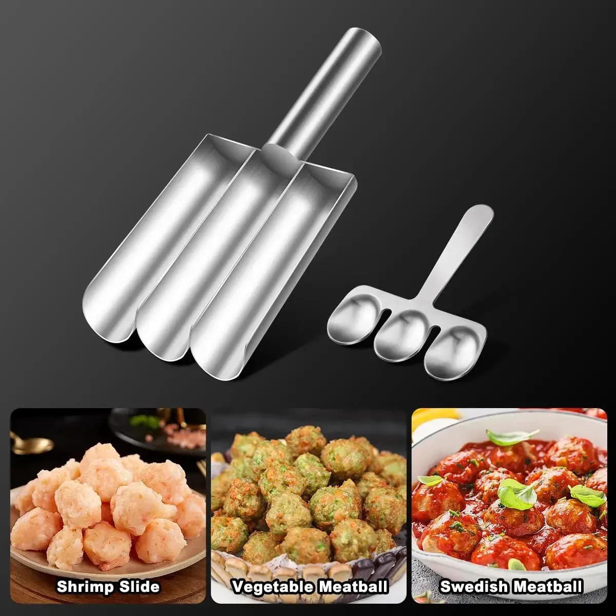Description Picture 6 of item1PC 1/2/3/4Slot 304 Stainless Steel Meatball Maker Home To Do Fish Ball Shrimp Sliding Mold Rice Ball Meat Dish Scoop