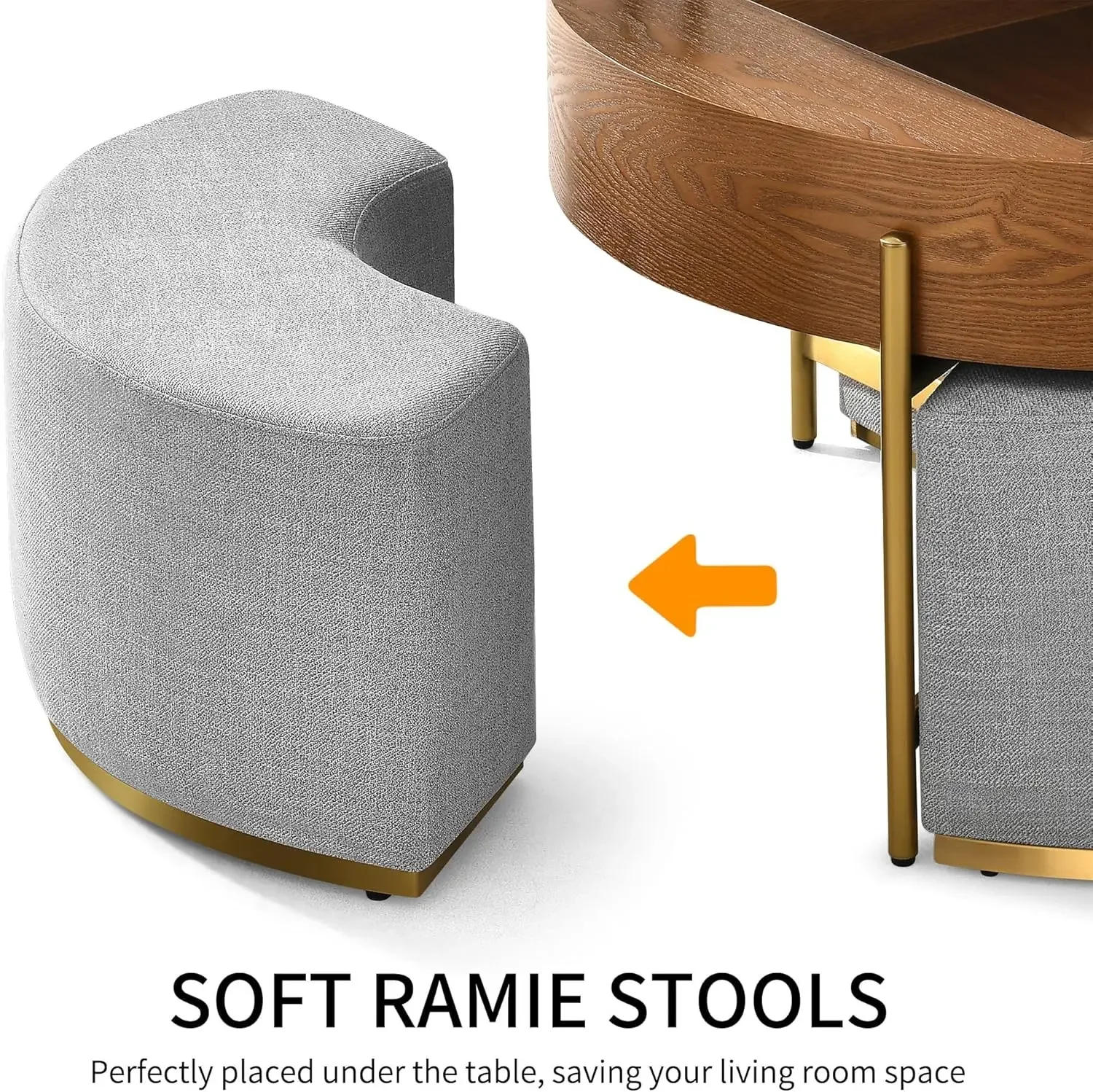 Description Picture 6 of itemDWVO 32" L Round Marbling Pattern Slate Coffee Table with Storage 3 Stools Wood Rustic Boho Lift Top Coffee Table Set for Living