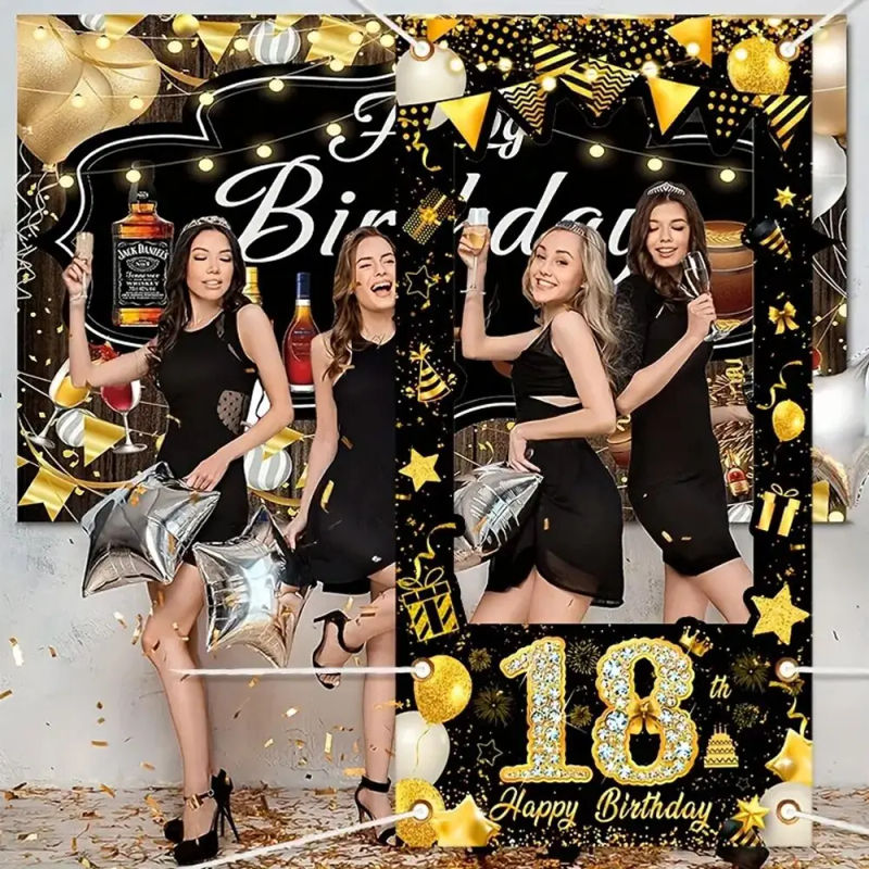 Description Picture 5 of itemGold Black Happy Birthday Photo Booth Frame Banner 18th 21st 30th 40th 50th Fabulous Birthday Party Backdrops