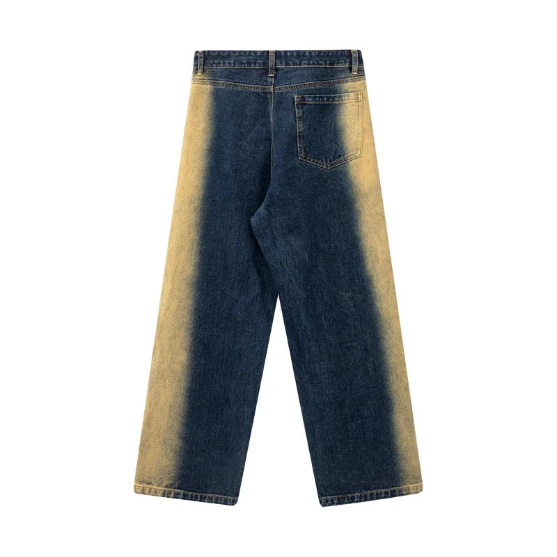 Description Picture 6 of itemHeavy yellow mud color splicing jeans trend new American retro hip-hop distressed men and women loose fashion personality pants