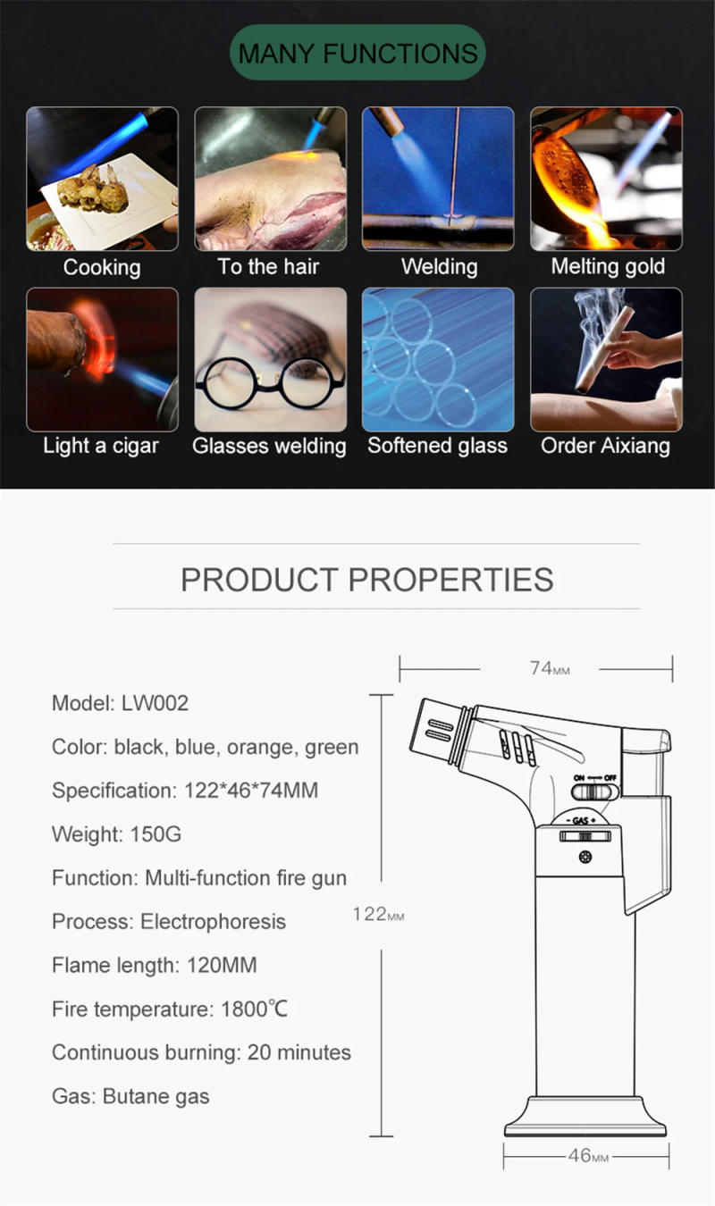 Description Picture 3 of itemButane Lighter Torch Fire Adjustable Refillable Turbo Gas Jet Flame Lighters Outdoor Camping BBQ Ignition Gun Windproof Lighter