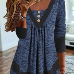 2022 Autumn Winter V Neck Button Splice Long Sleeve Women's T-shirt Elegant Solid Colour Pullover Tops Casual Office Female Tees