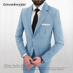G&N Notch Lapel Suits for Men Tailor-made Sky Blue Blazer Pants Groosmen Wedding Tuxedos Blazer With Three Patched Pockets