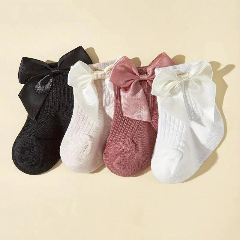 Description Picture 2 of item4 Pairs Baby Girl Socks Large Bow Princes Kids Middle Tube Socks Solid Color Spring Autumn Newborn Toddler Cotton Short Socks