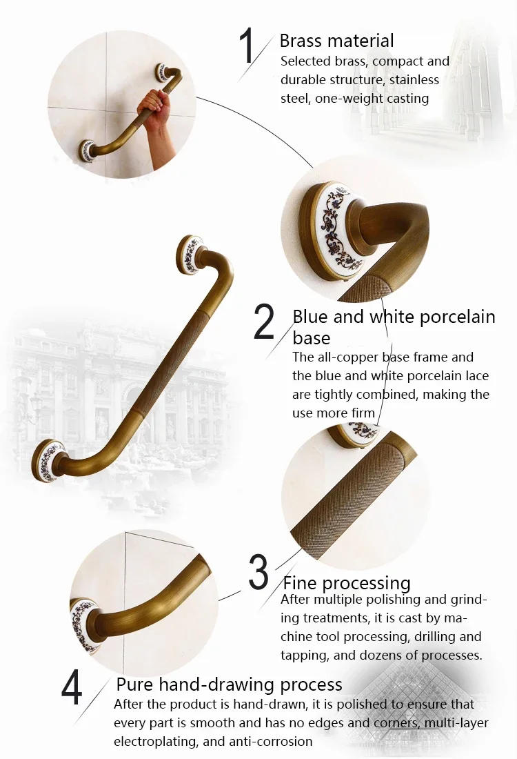 Description Picture 3 of itemAntique Grab Bars Bathroom Wall-mount Safety Assist Handle Towel Rack Bathtub Handrail Brass Anti-slip Elderly Armrest Hardware