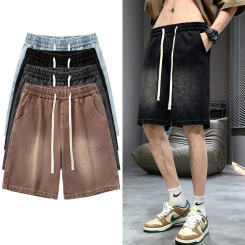 Summer new fashion men's jeans solid color drawstring elastic waist straight five-minute pants high street casual men's