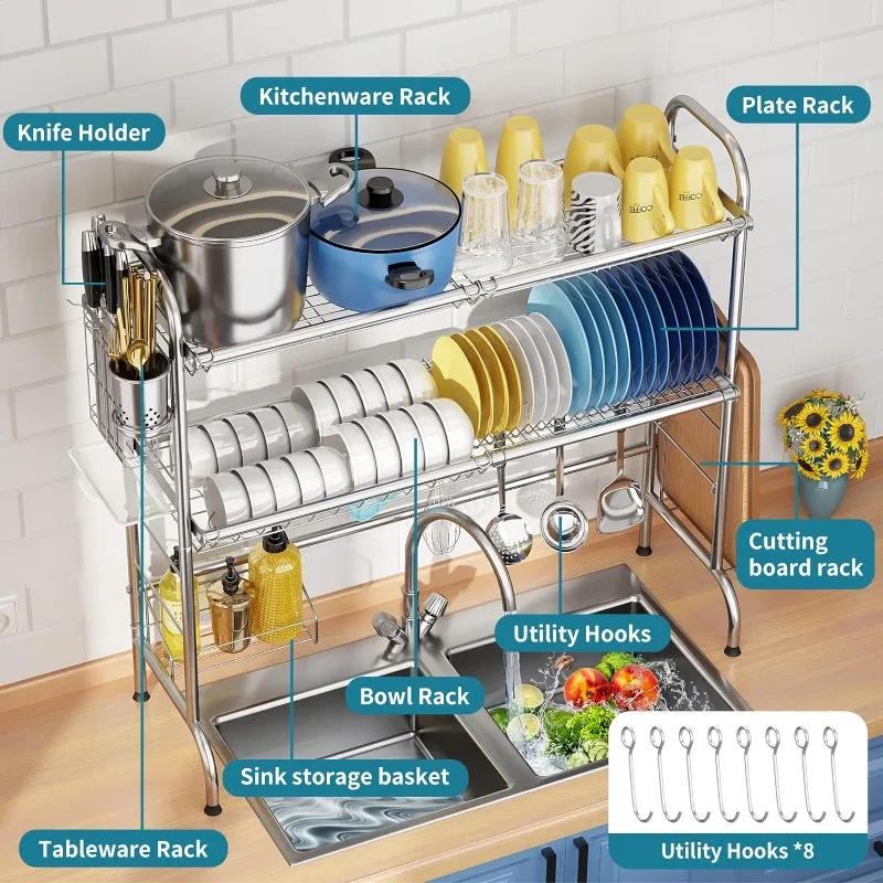 Description Picture 3 of itemStainless Steel 2-Tier Over The Sink Dish Drying Rack with Utensil Holder, Large, for Kitchen Counter
