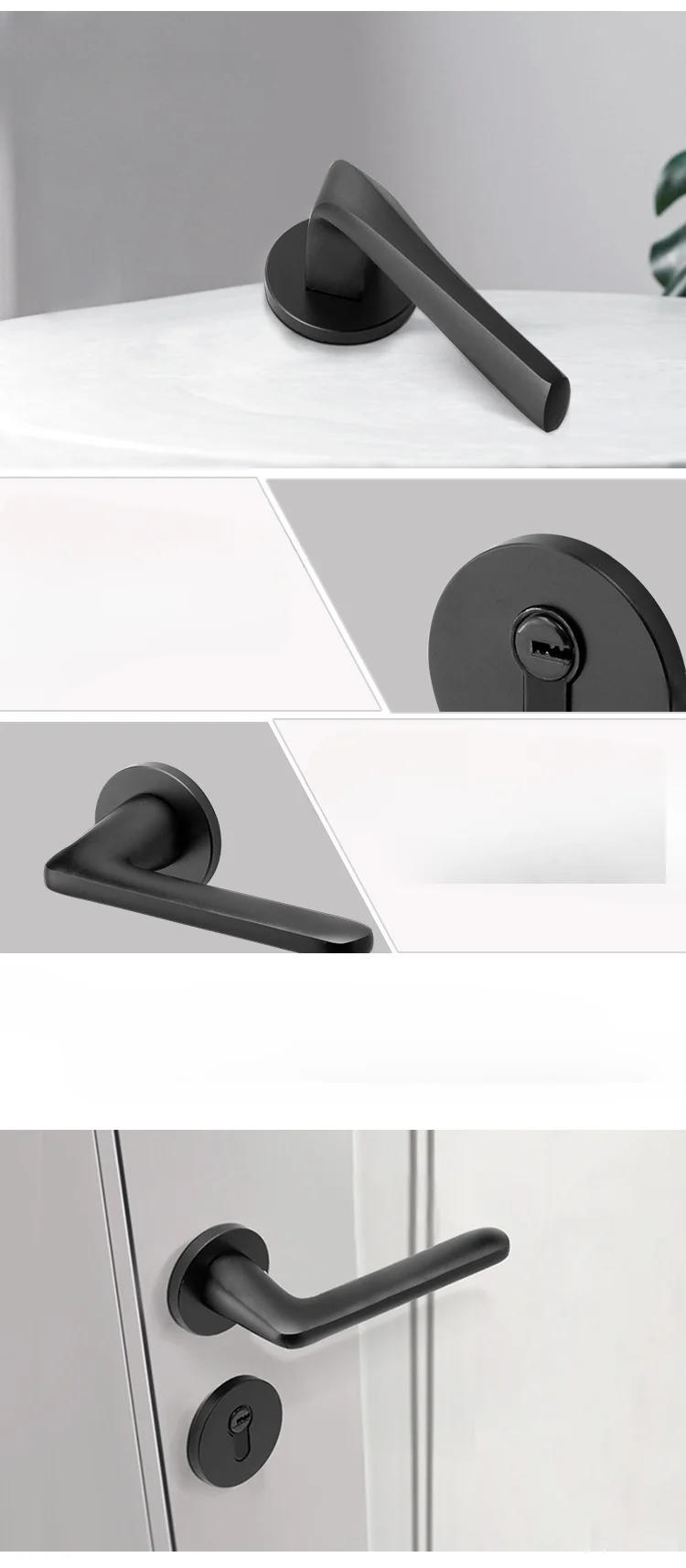 Description Picture 5 of item1 set of space aluminum black silent door lock modern and simple bedroom room split handle lock with key included