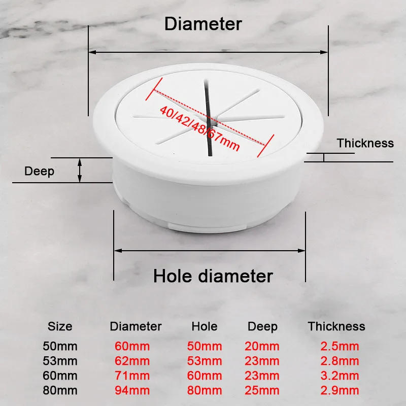 Description Picture 2 of item50/53/60/80mm Desk Wire Hole Cover ABS Plastic Round Cable Box Computer Thread Hole Table Line Hole Cover Decorative 7-color