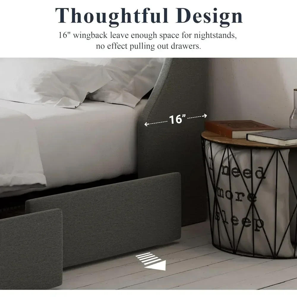Description Picture 4 of itemBedroom furniture: full-size bed frame with 4 storage drawers and wing-back headboard, button tufted design, light grey