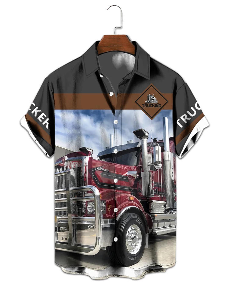 Description Picture 4 of item3D car print lettering, vintage street wear, summer men's lapel short-sleeved shirt, casual button-up shirt for everyday fashion