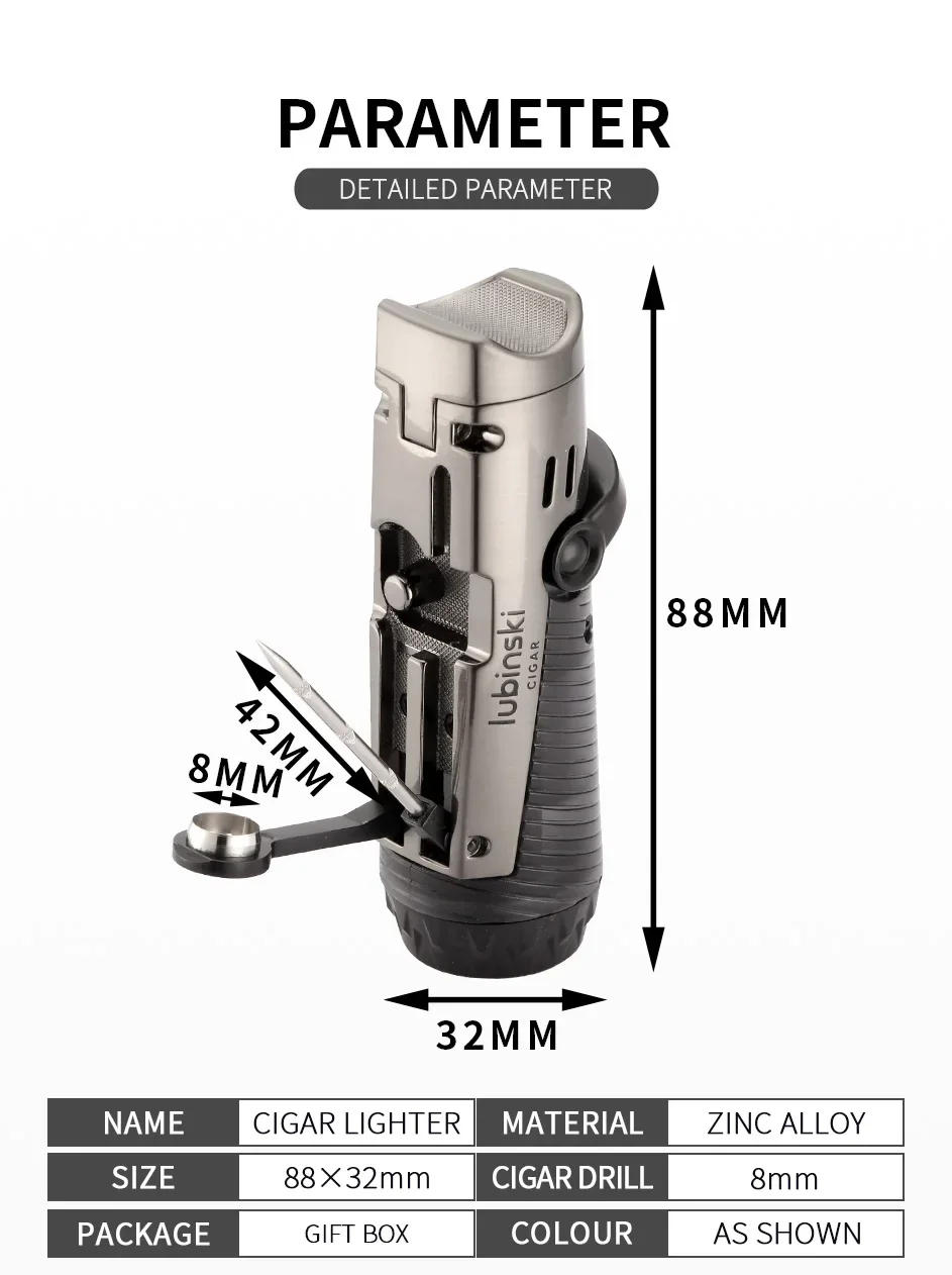 Description Picture 3 of itemLUBINSKI Lighter With Cigar Needles Drege Tool Cigar Lighter With Punch Cutter Mini Pocket Cigar Torch Lighters