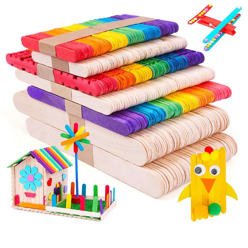 Description Picture 2 of item50Pcs Wooden Popsicle Sticks Natural Wood Ice Cream Sticks Creative Kids Puzzle DIY Hand Crafts Art Ice Cream Lolly Cake Tools