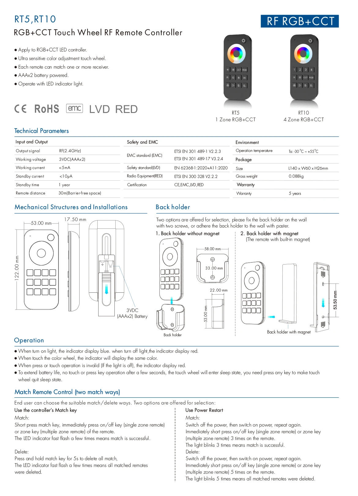 Description Picture 2 of itemRT5 1 Zone RF(2.4GHz) Dimming Touch Wheel RF Remote Controller For RGBCCT/RGBCW LED strip or Module   LED controller