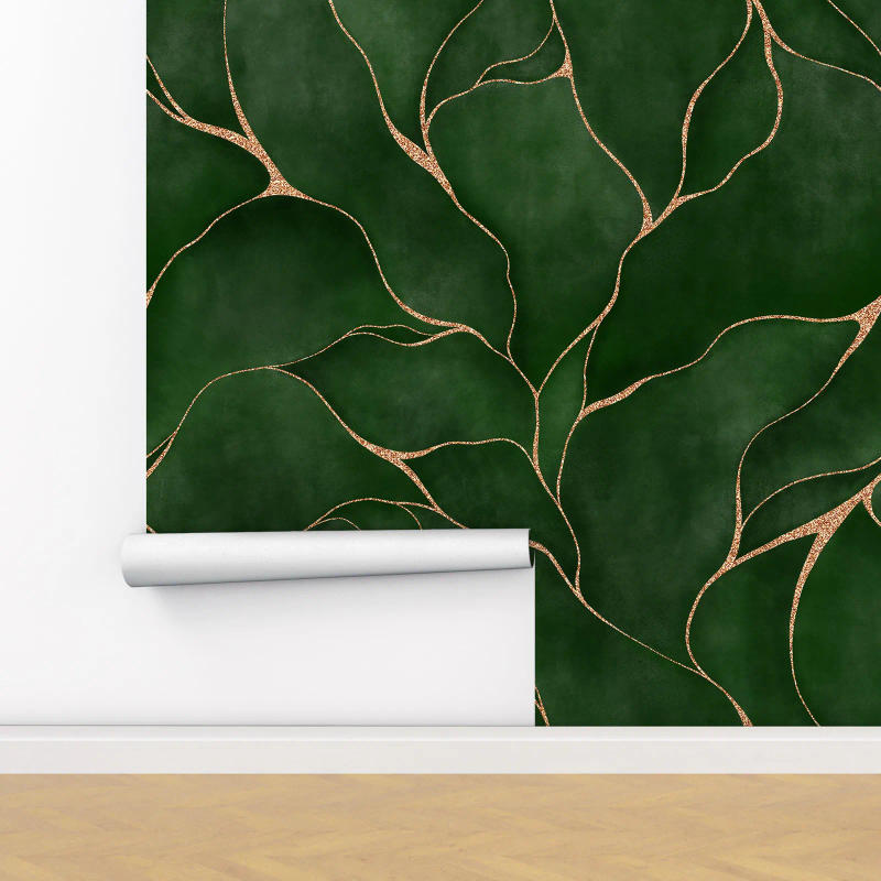 Description Picture 4 of itemGreen Watercolor Leaves Wallpaper Mural, Abstract Leaf With Golden Line (Non Metallic) Wall paper, Peel and stick Wallpaper Roll