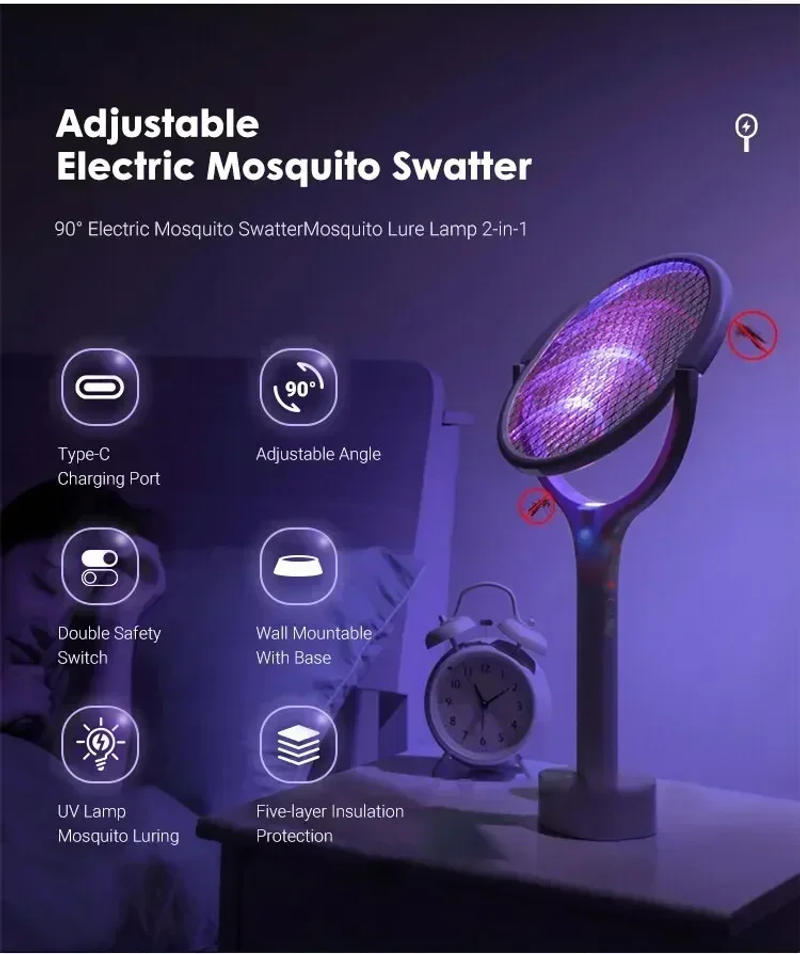 Description Picture 2 of item5 In 1 Fast Charging Racket Kill Fly Bug Safety Insulated Battery Powered Lamp ABS Adjustable Electric Mosquito Swatter
