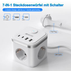 7-in-1 EU Multi-function Power board Ultra-thin flat plug with 3 AC power outlets 2 USB-C and 2 USB-A 2-meter extension cords