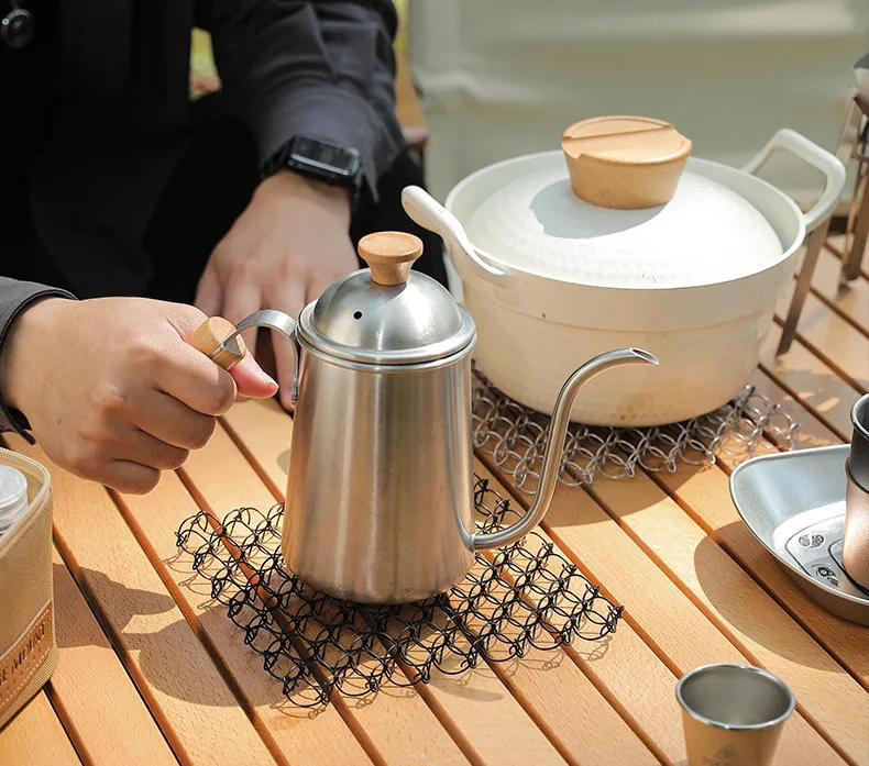 Description Picture 6 of itemNew Outdoor Spring Insulated Mat Coaster Anti-scald Table Mat Camping 304 Stainless Steel Casserole Mat Suspension Spring Mesh