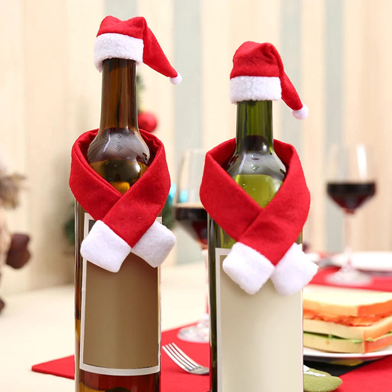 Description Picture 4 of itemChristmas Wine Bottle Cover Cute Mini Xmas Hat Scarf Non-woven Fabric Wine Bottle Decor New Year Dinner Table Decoration