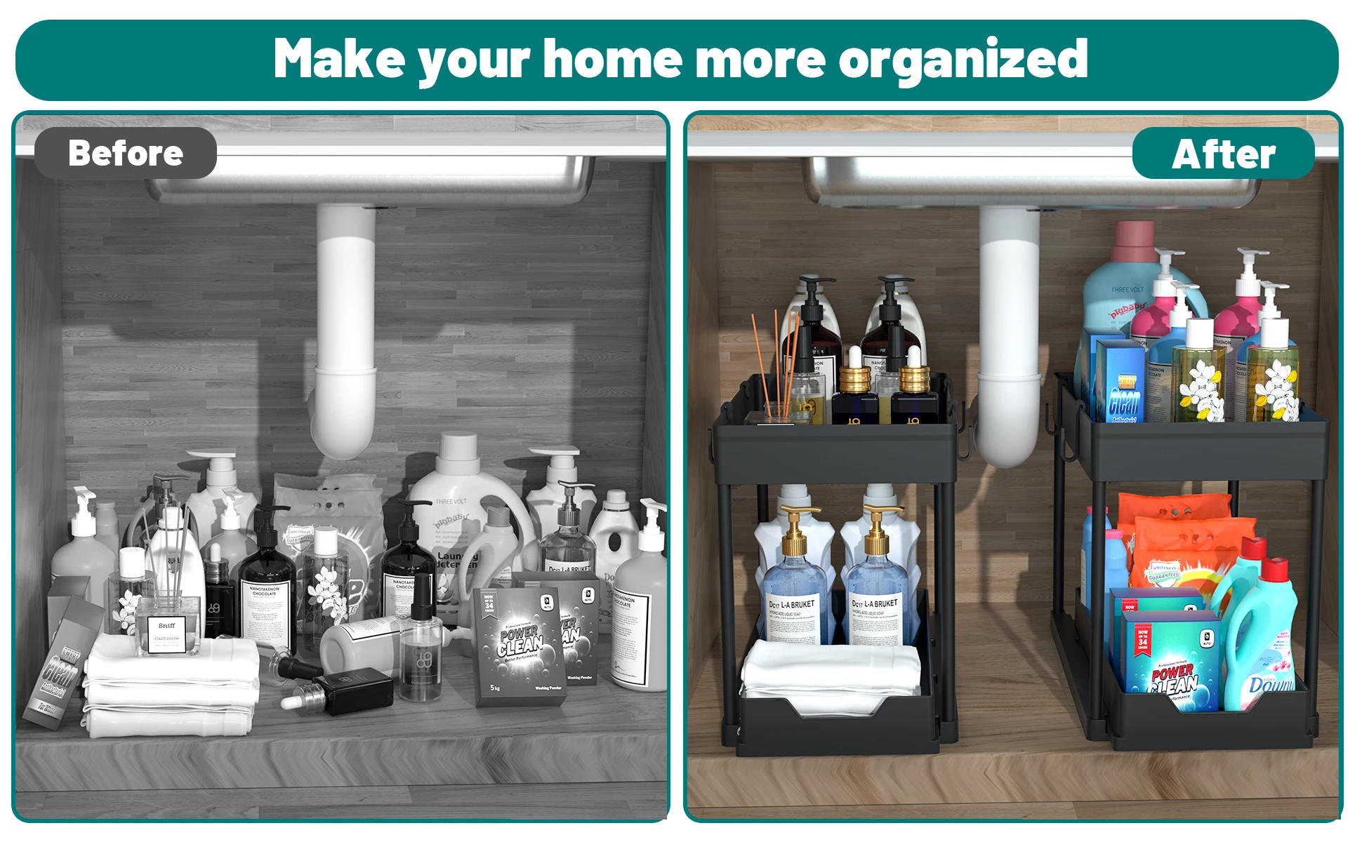 Description Picture 4 of item2-Tier Multi-Use Kitchen and Bathroom Organizers Storage with Sliding Drawers, Bathroom Cabinet Organizer with Hooks Hanging Cup