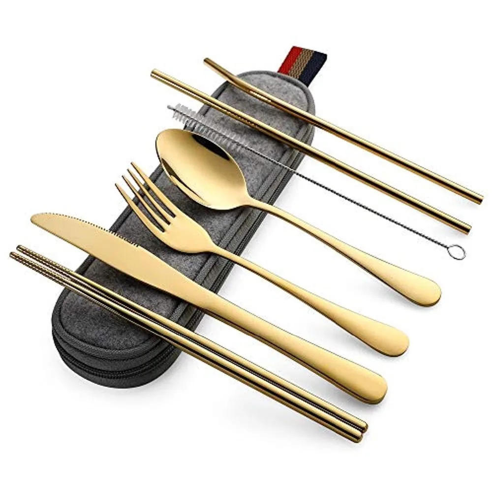 Description Picture 6 of item8Pcs/set Tableware Reusable Travel Cutlery Set Camp Utensils Set with stainless steel Spoon Fork Chopsticks Straw Portable case