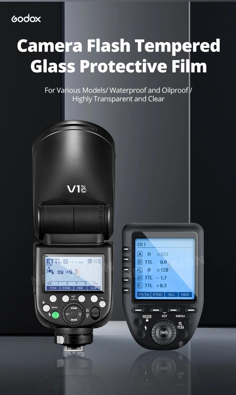 Description Picture 3 of itemTempered Glass Waterproof Oilproof Protective Film for Godox V1 V860III V850III TT685II TT600 TT350 V350 Flash XPROII Trigger