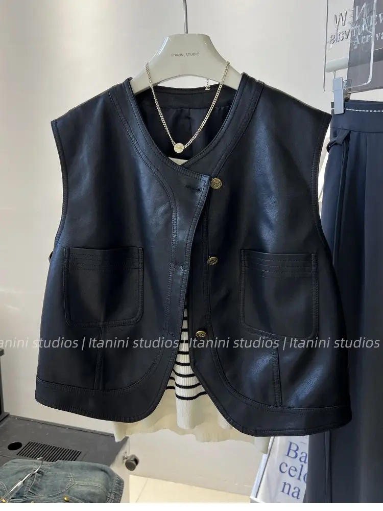 Description Picture 3 of itemNeploe Simple Loose Commuter Patchwork Korea Chic Vest Leather Streetwear Goth Y2K Coat Moto Sleeveless Button Cute Moda Tank