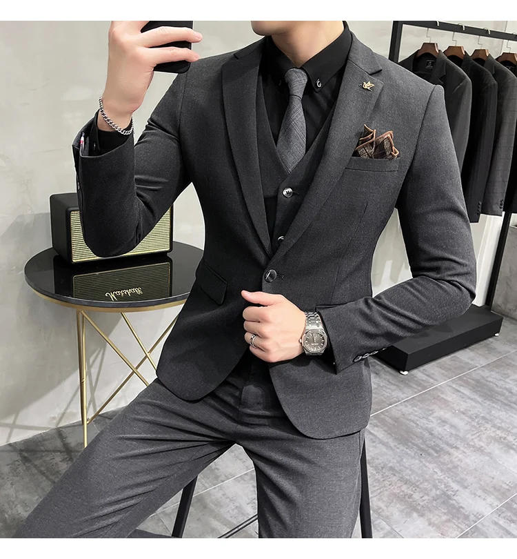 Description Picture 6 of item( Jacket + Vest + Pants ) High-end Brand Boutique Fashion Solid Color Mens Casual Business Suit 3Piece Set Groom Wedding Dress