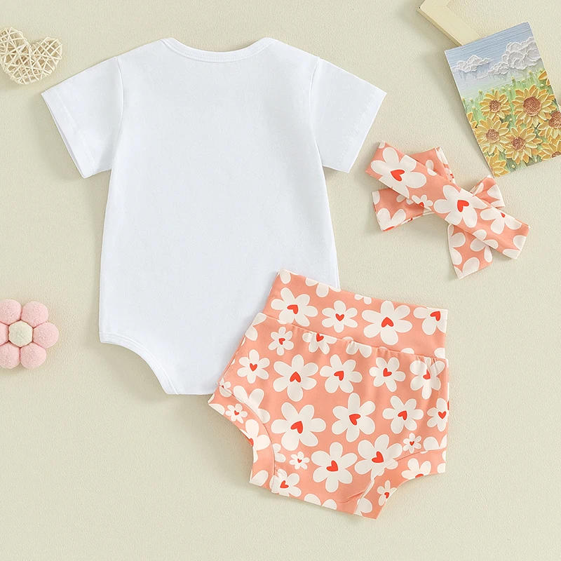 Description Picture 3 of itemBaby Girls Shorts Set Short Sleeve Letters Print Romper Flower Print Shorts with Hairband Valentines Day Clothes