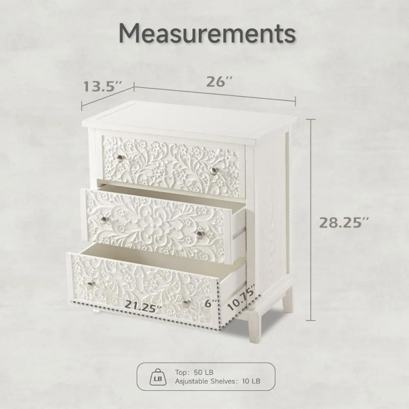 Description Picture 4 of item3-Drawer Fully-Assembled Flower Motif Dresser Set of 2 Nightstand for French Country Farmhouse Modern Rustic Style White-Washed