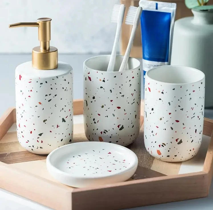 Description Picture 5 of itemEuropean Bathroom Decoration Bathroom Accessories, Terrazzo Ceramic, Emulsion Bottle, Gargle Cup, Soap Dish, Art Supplies