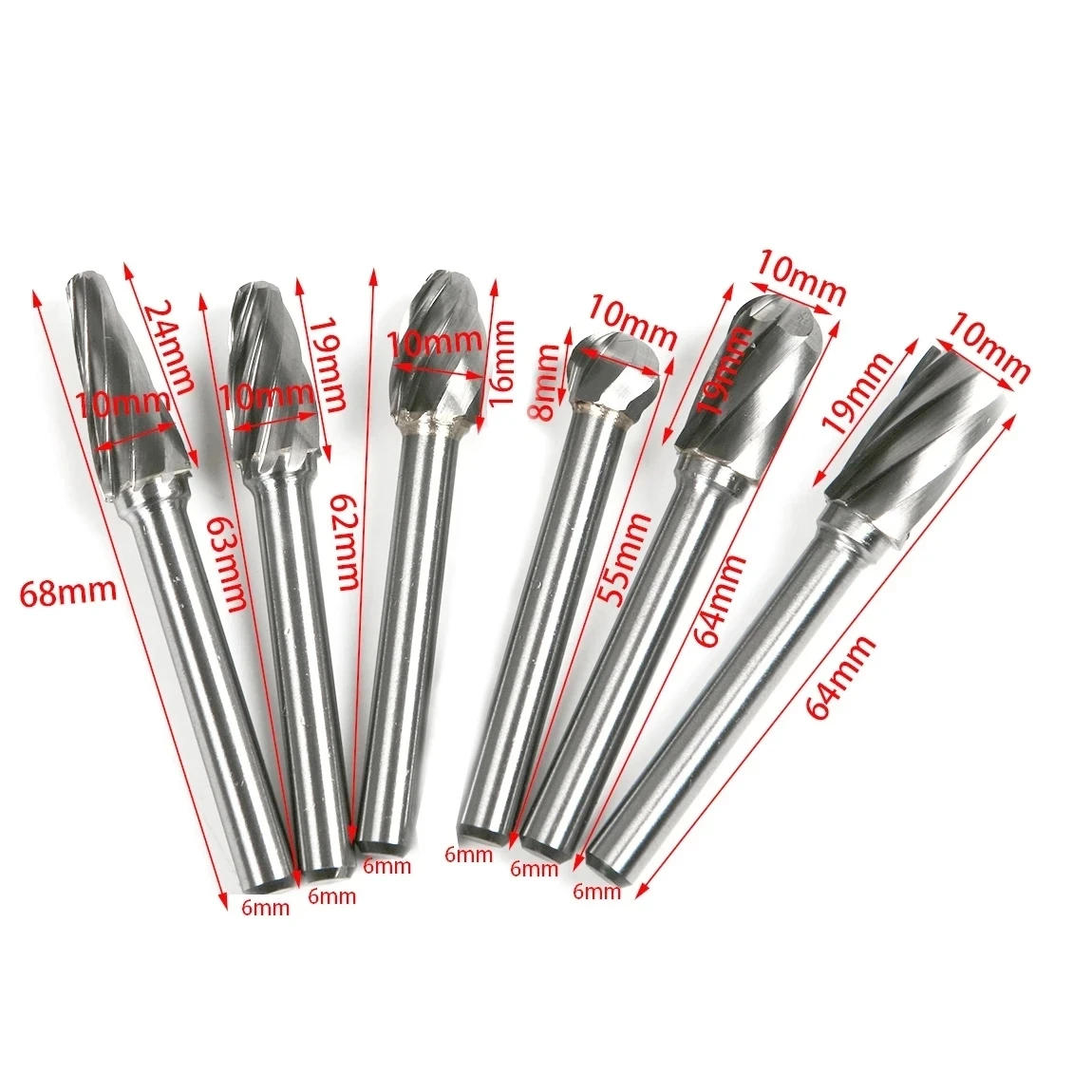 Description Picture 2 of itemFixmee 6pcs 6*10mm ACDEFL Tungsten Carbide 8 Flutes Rotary Burrs Point File Cutter Drill Bit