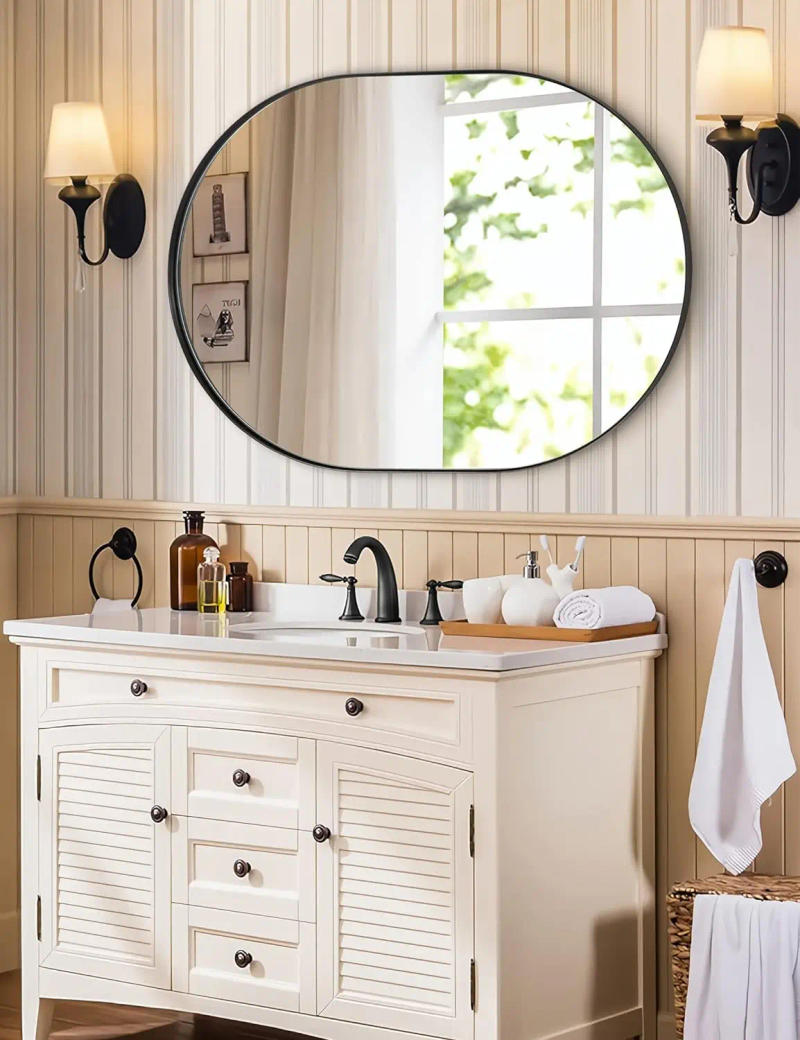 Description Picture 4 of itemLarge Oval Black Bathroom Vanity MirrorInch Stainless Steel Metal FrameShatterproof Glass Wall Mounted