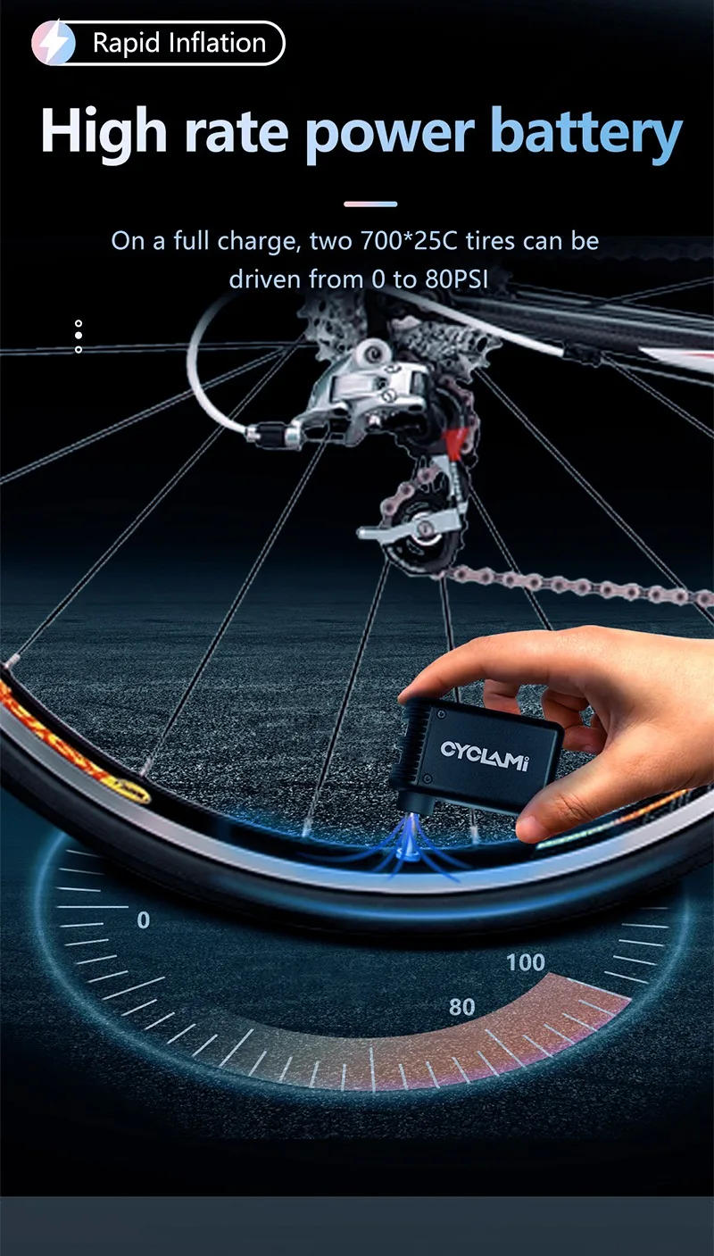 Description Picture 4 of itemCYCLAMI Mini Plus Portable Pump for Bicycle Cordless Air Inflator Presta Schrader Valve Outdoor MTB Bike Accessories