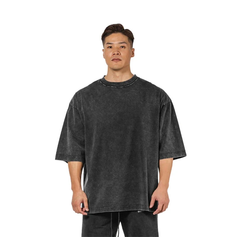 Description Picture 5 of itemWashed T-Shirt 230G 100Cotton Solid Oversized Loose Fitness Mens Tee Tops Dropped Shoulders Short Sleeve Gym Bodybuilding Shirts