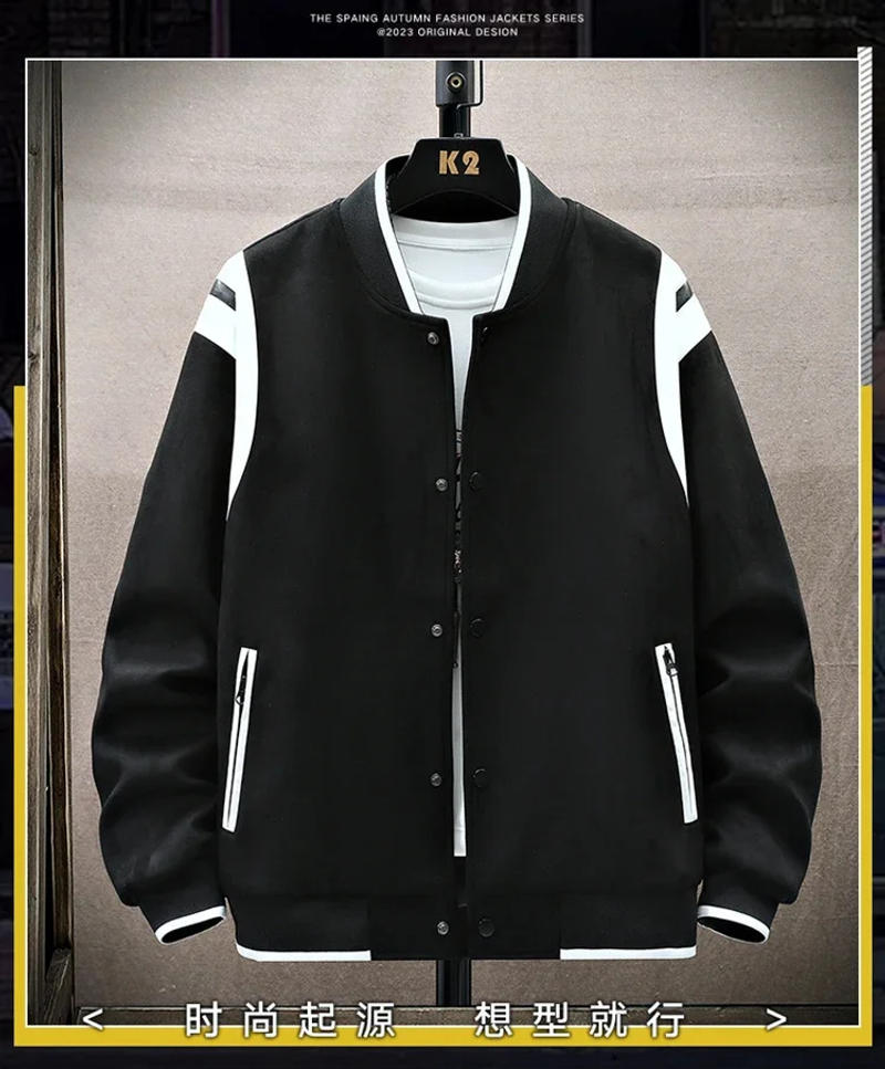 Description Picture 2 of itemMen Spring Autumn Faux Suede Bomber Patchwork PU Leather Jacket Fashion Baseball Clothes Collar Coat Vintage