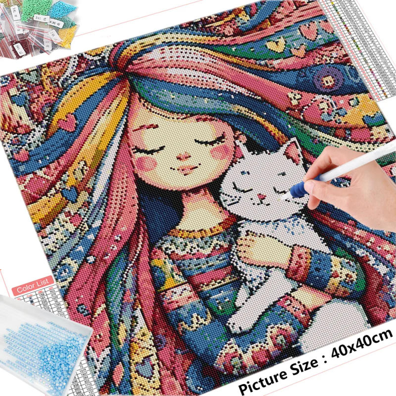 Description Picture 3 of itemHUACAN Diamond Embroidery Girl New Arrival Cat Painting Picture Rhinestones Cartoon Mosaic Cross Stitch 5D DIY Handmade Gift