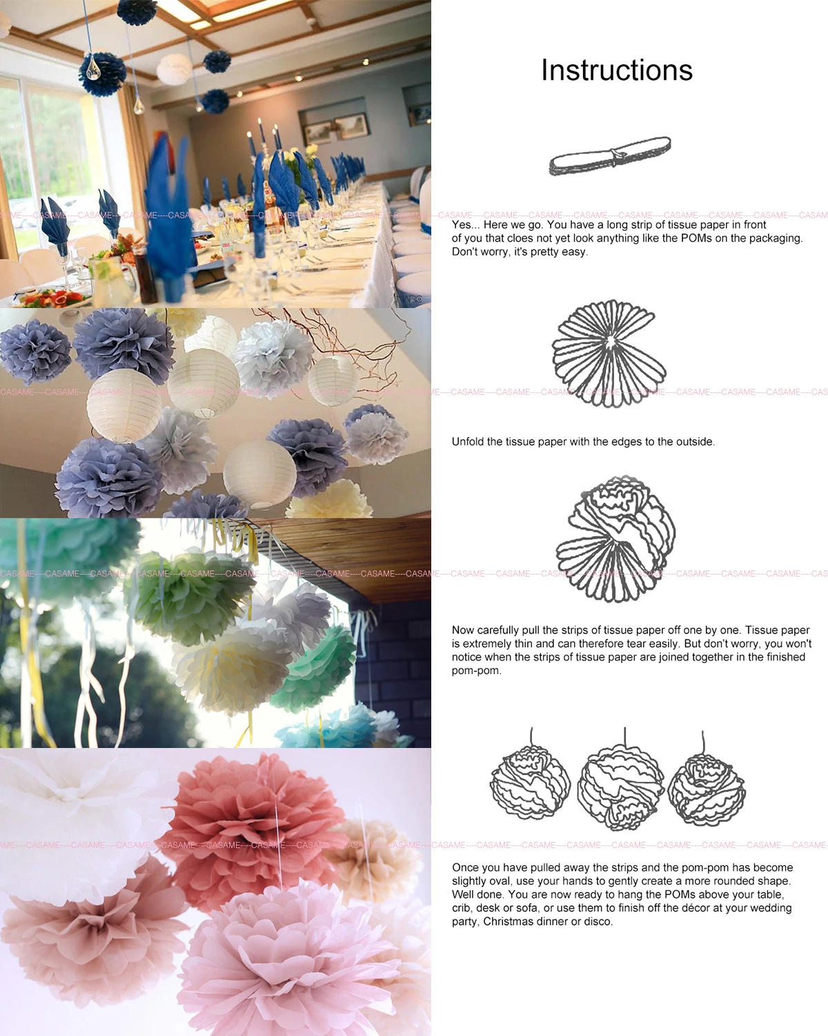 Description Picture 6 of item20 Pcs Hot Pink White Tissue Paper Pom Poms Flower Balls for Wedding Room Decoration Party Supplies DIY Hanging Paper Flowers